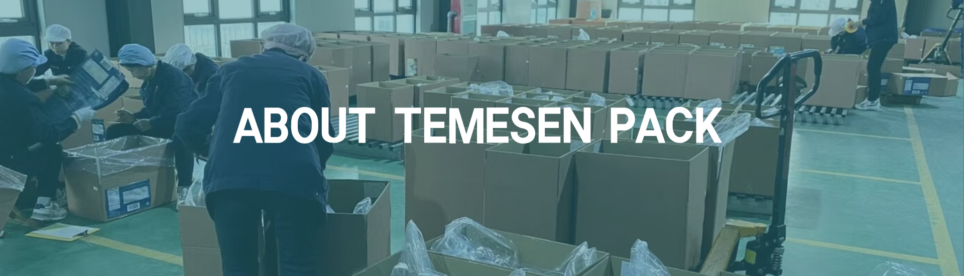 Workers in a warehouse packing boxes and preparing shipments amid rows of cartons under bright lighting.